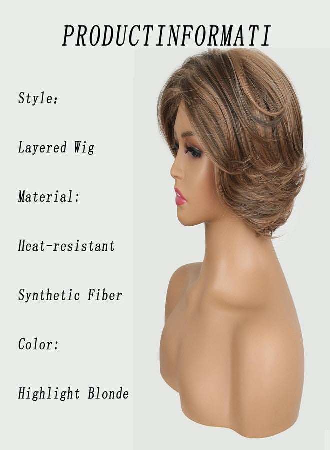 Aisaide Short Honey Blonde Pixie Cut Wig with Highlight Ombre Dark Brown Layered Bob Wigs for Women,Shaggy Layered Wig Ombre Highlight Brown Mixed Honey Blonde Curtain Bangs Curly Wig - Image 5